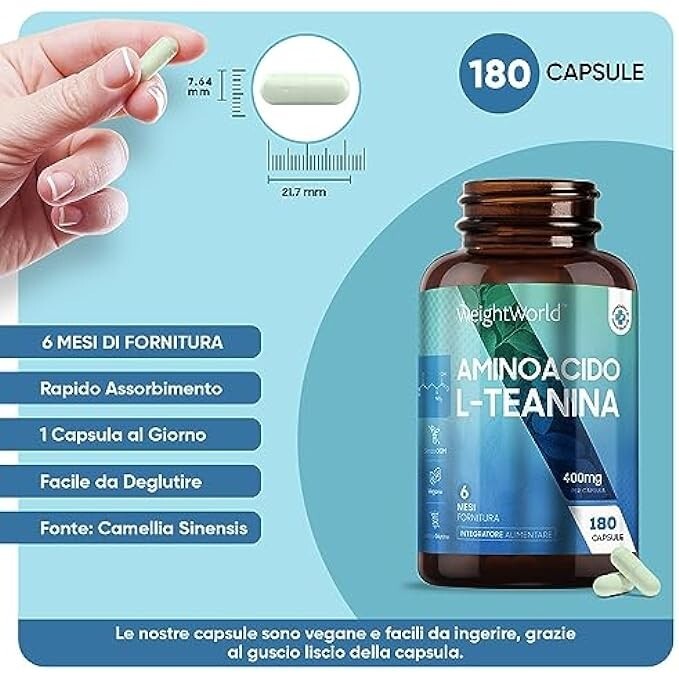L-Teanina con Melissa 500mg Senza Magnesio Stearato, 180 Capsule L-Teanina Vegan - 3