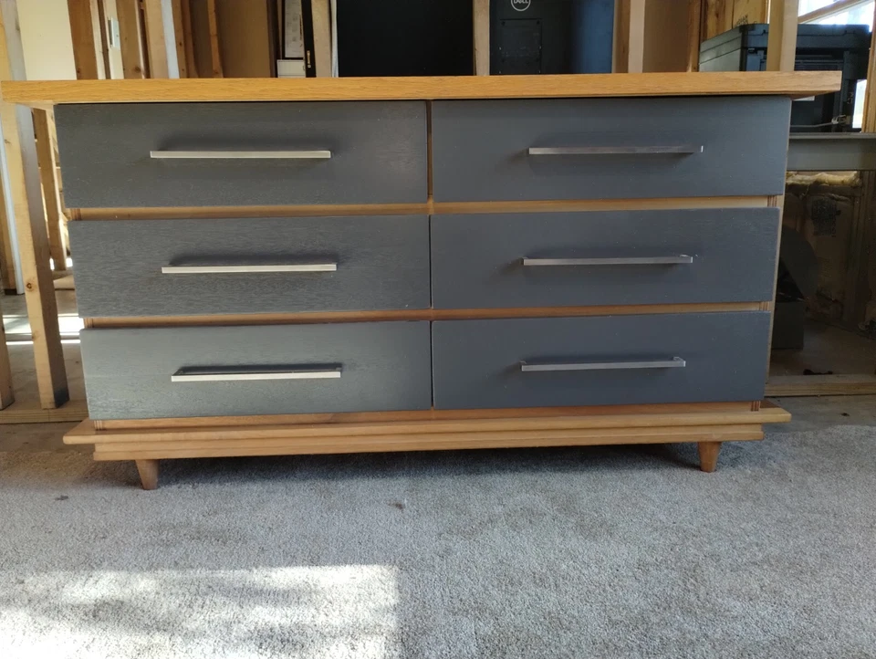 Mid Century 50's-60's Blonde Wood Dresser Grey Drawers SS Pulls Restored Ex Cond - Image 3 of 4