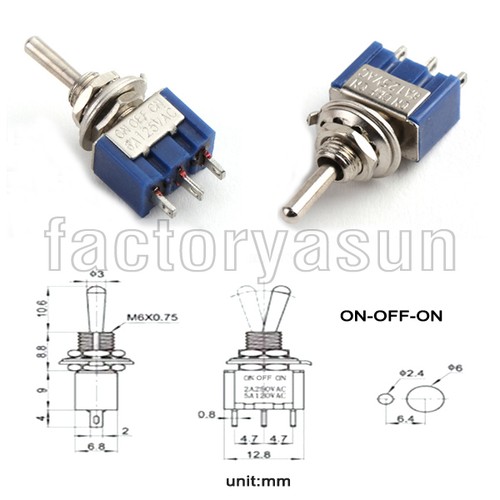 5 pz mini interruttore a levetta blu SPDT ON-OFF-ON tre posizioni MTS-103 12V 6A - Foto 4 di 4