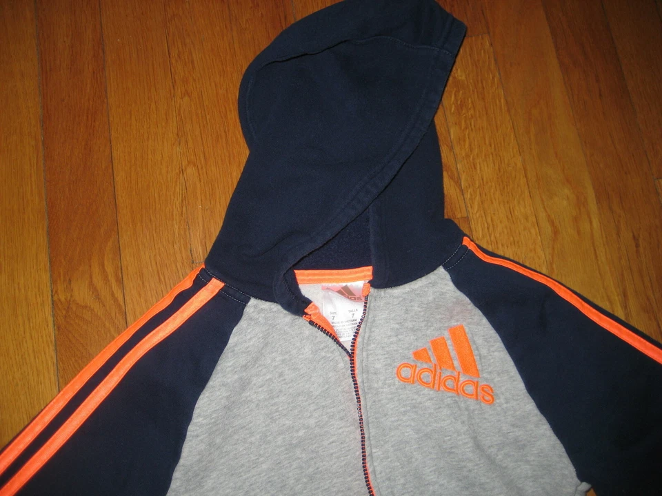Adidas gray navy blue HOODED SWEATSHIRT hoodie zip orange striped coat jacket 7 - Image 2 of 2