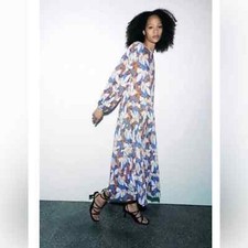 Zara Blue Floral Long Sleeve Midi Dress sz M