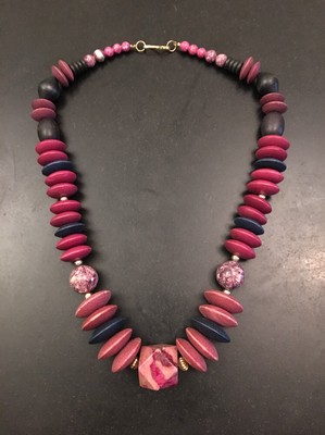 BoHo African Beaded Wood Beaded Hard stone Necklace 28'' Retro Hippie