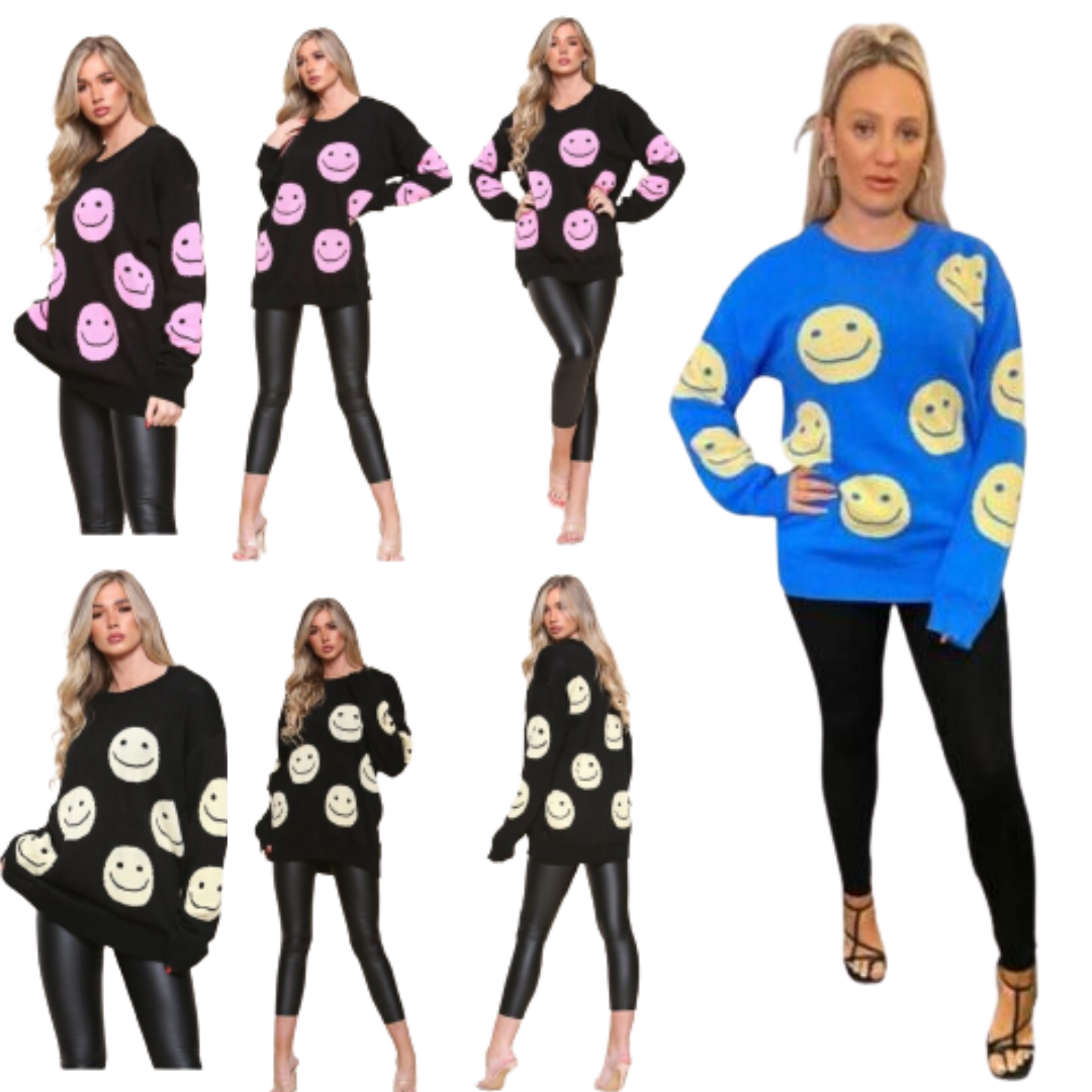 Women's Ladies Christmas Oversize Knitted Sweater Smiley Faces Baggy