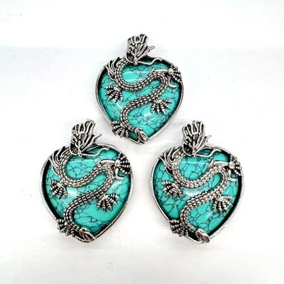 10pcs Artificial Turquoise Stone Heart Shaped Loong Pendants DIY Jewelry Making