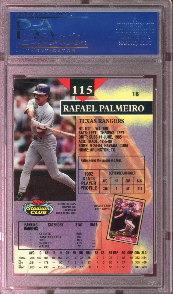 1993 Topps Stadium Club Rafael Palmeiro #115 PSA/DNA Auto Autographed Signed - Image 2 of 2