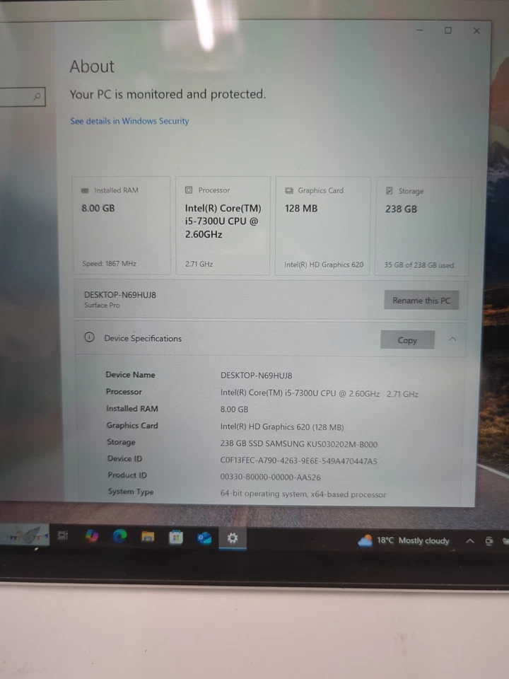 Microsoft SURFACE PRO 5 1796 i5-7300U/ 8GB /256GB SSD/ WIN10 /1661 Dock/AC - - Image 2 of 4