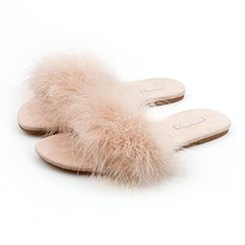 Women's Fuzzy Open Toe Slippers Memory Foam Feather Slides Fluffy 7 Camel