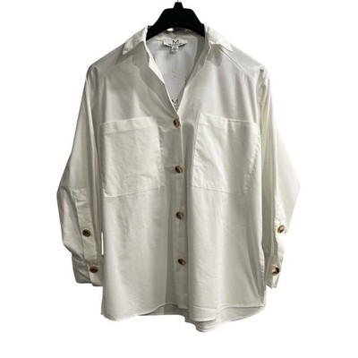 Magaschoni White Gold Button Down Blouse Tunic Size S Capsule Office Career
