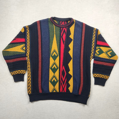 Vintage Coogi Style Herren Pullover Strick Gr XL Wolle 90s Sweatshirt Cable Bunt