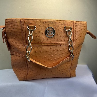 Bebe Womens Orange Ostrich Type Inner Pockets Chain Strap Shoulder Purse 17x12x4