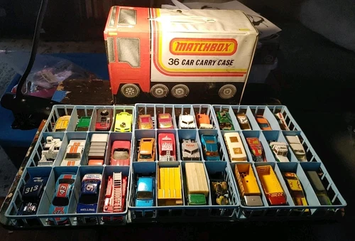 1978 Vintage Matchbox 36 Car Carry Case W/Trays & 36 Various Die- Cast Cars