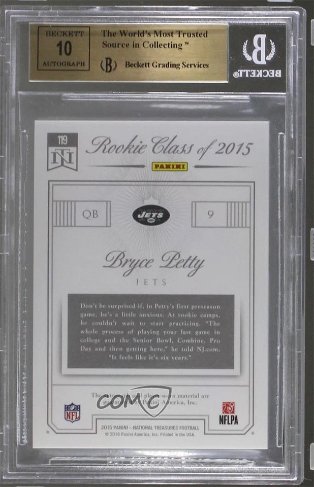 2015 National Treasures RPS /99 Bryce Petty BGS 9.5 RPA Rookie Patch Auto RC - Image 2 of 2