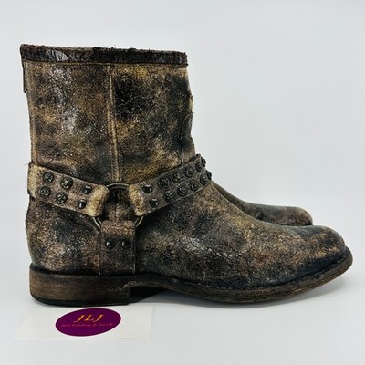Frye Women's Phillip Studded Harness Crackled Leather Ankle Boots 76492 Size 8.5