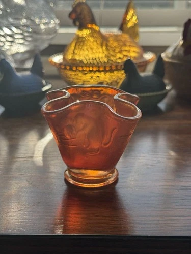 Fenton Amber Iridescent Carnival Glass Hat Bowl with Embossed Animal Motifs 3in