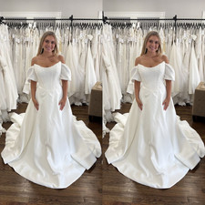 Simple Wedding Dress Satin Off The Shoulder Sweep Train Bridal Gowns White/Ivory