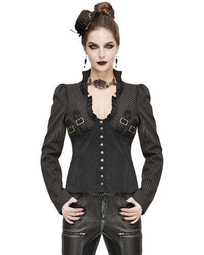 Devil Fashion Womens Steampunk Blouse Top Black Brown Stripe Victorian Gothic - Picture 6 of 24
