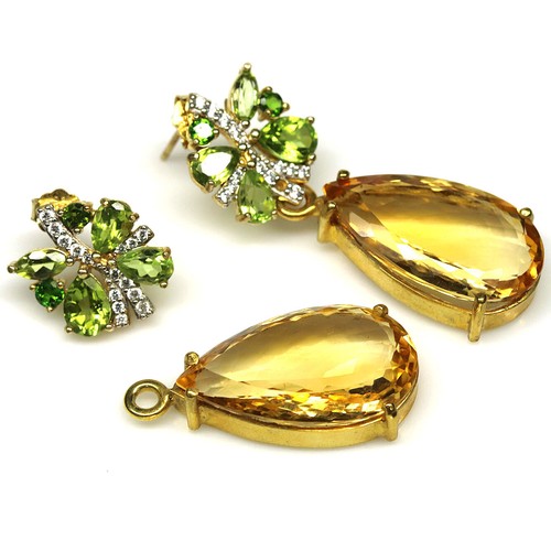 925 Silver 14 x 25 mm. Yellow Citrine, Peridot, Diopside & Zircon Earrings - Picture 2 of 4