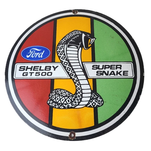 Vintage Ford Motors Porcelain Shelby GT 500 Super Snake Gas Pump Automotive Sign
