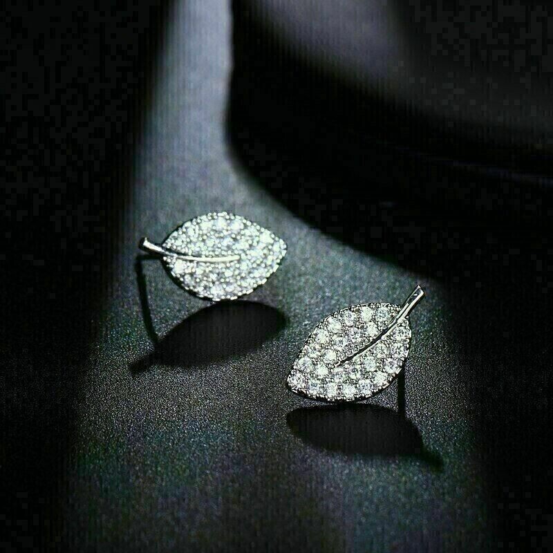 Women's 14K White Gold Plated Round Cut Simulated Diamond Leaf Stud Earrings 2Ct