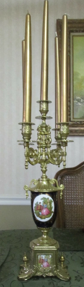 Limoges Two 5 Stick Candelabra Gilded Brass Blue Sevres Porcelain quartz clock - Image 2 of 4