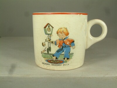 Antique Rarer Child Mug ''Hickory Dickory Dock'' With Mouse Nursery Rhyme LOOK!