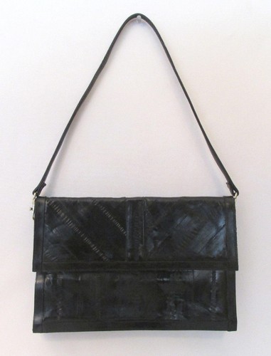 VINTAGE 1950s 60s BLACK EEL SKIN CLUTCH SHOULDER BAG HANDBAG 5 POCKETS - Picture 3 of 9