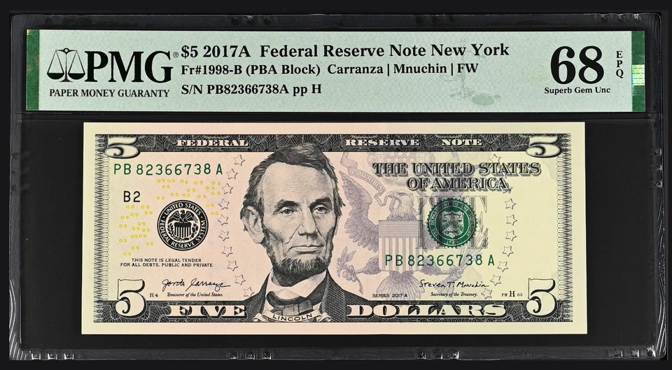USA, 2017A, Federal Reserve New York , $5, PMG 68 EPQ , Fr#1998-B , Top Pop - Image 3 of 4