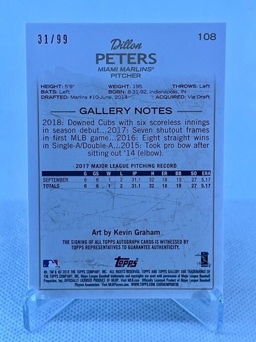 Dillon Peters 2018 Topps Gallery Green SP Rookie RC Auto /99 ( Marlins ) - Picture 2 of 2