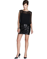 Aqua ~ Black Sequins & Lace Chiffon Blouson Sheath Party Dress 0 NEW $188