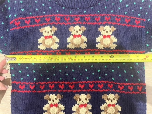 Vintage Handmade Knit Teddy Bear Hearts Navy Blue Sweater Unisex Kids Sz 8-10 - Picture 8 of 9