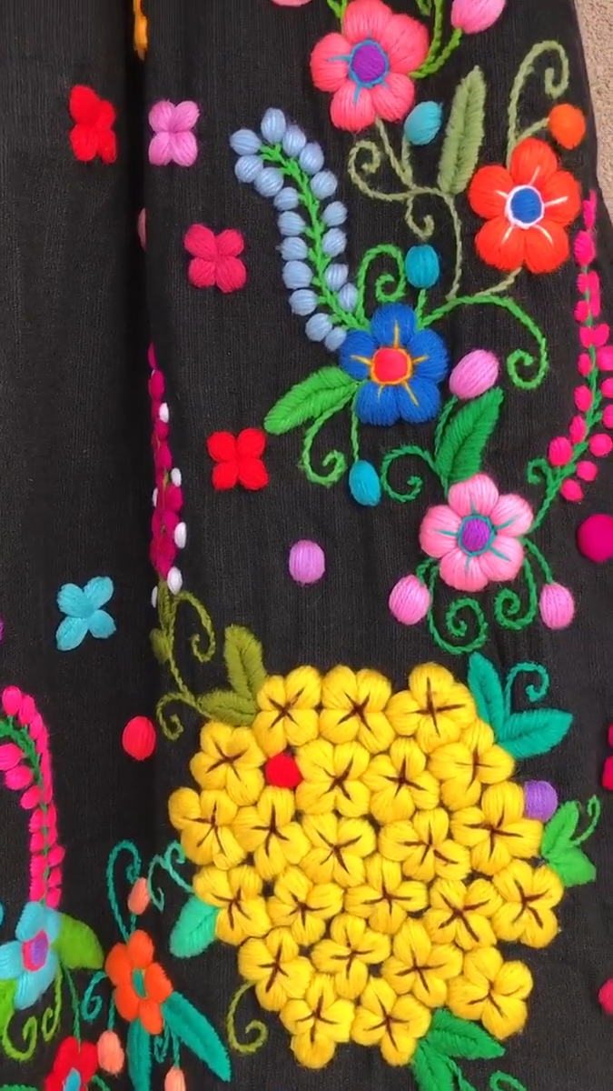 Handmade Embroidery Shoulder Ruffle Black Dress Flowers Multi