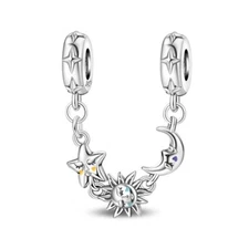 KUNSIR 925 Sterling Silver Sun Moon Star Safety Chain Pendant Charm For Bracelet