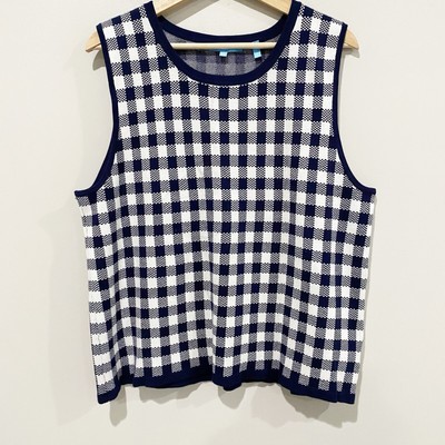 DRAPER JAMES Sweater Tank Navy Blue White Gingham Preppy Classic