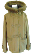 Fuda Womens Beige Faux Suede Coat Jacket Faux Fur Hood Winter Outerwear Parka~l