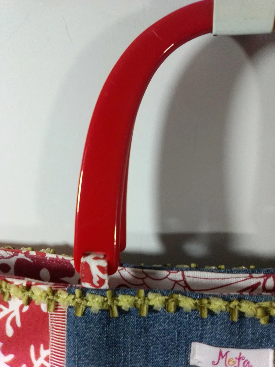 Meta Fabric Patchwork Handbag Purse Red Plastic Handles Denim Snap