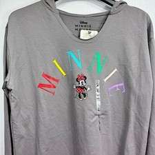 Disney Minnie Mouse Gray Lightweight Hoodie Raw Hem Women's Size Large NEW