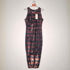 Lavish Alice Sequin Dress 14 Black Bronze NEW w Tags Striped Midi Pencil Split