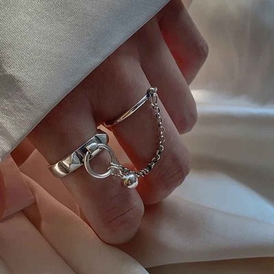  925 Sterling Silver Two-finger Chain Tassel Rings For Women Open Adjustable 