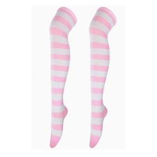 Striped Patterned Socks Thigh High Pink and White