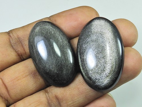 37-39MM Top Silver Obsidian Oval Stone 2Pcs Cabochon Loose Gemstone 88Cts. G542 - Picture 3 of 9
