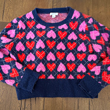Crewcuts Girls L 10-12 Navy Heart Knit Merino Alpaca Blend Crew Neck Sweater