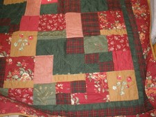 Hand Stitched Quilted Blanket Green Red Floral 54 x55 EUC