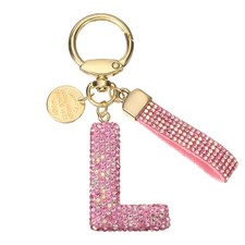 Initial Letter Keychain Cute Letter-L Sparkly Rhinestone Key Chain Charm Pink