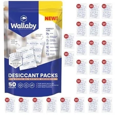 Wallaby 2g Silica Gel Packs (50) - Food Safe, Rechargeable, Moisture Absorber