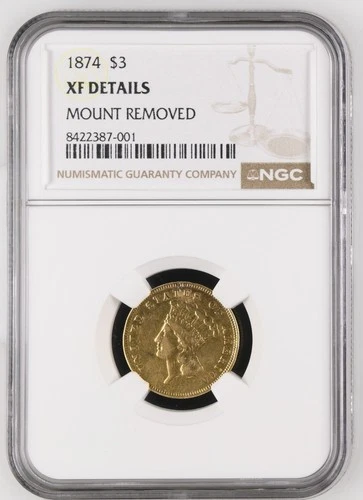 1874 $3 Indian Princess Head 3 Dollar Gold Piece NGC Genuine XF Detail
