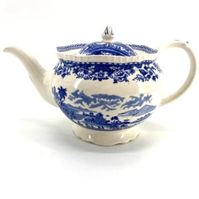 Wood & Sons Seaforth Blue & White Rope Edge Scallop Teapot & Lid Damaged Spout