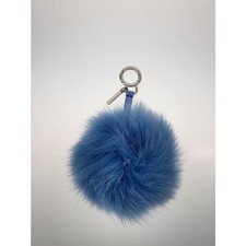 FENDI Fur Charm Pom Pom Bag Charm Key Chain KeyRing Blue Silver W/Box Authentic