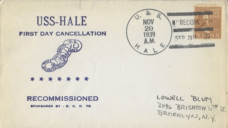 20 Nov 1939 Naval Cover, First Day Cancellation, USS Hale DD-133, Recommissioned