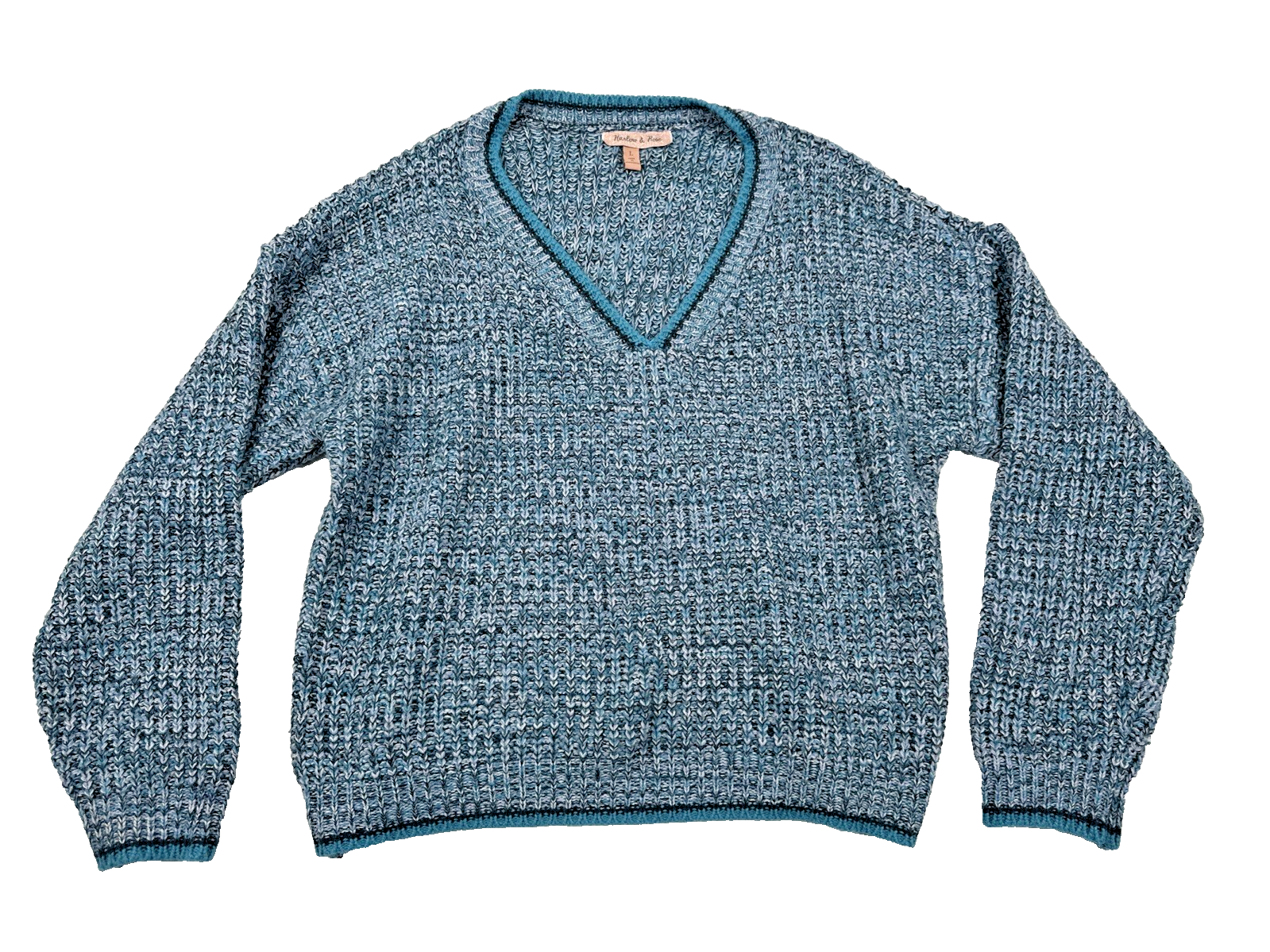 Harlow & Rose Turquoise & White Chunky V Neck Knit Sweater. Women's Size L