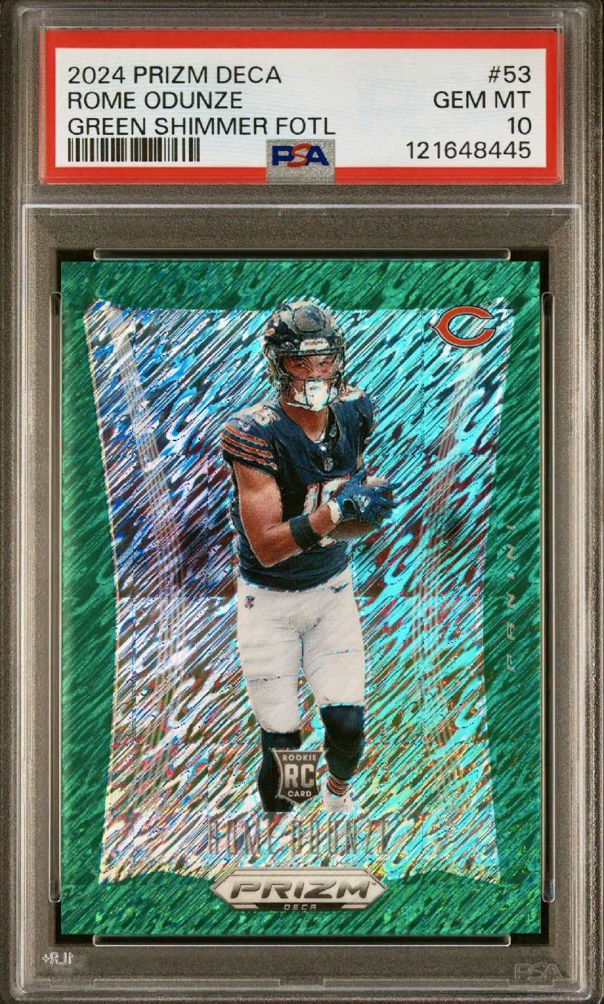2024 Prizm Deca Rome Odunze #53 Rookie FOTL Green Shimmer Prizm /12 PSA 10